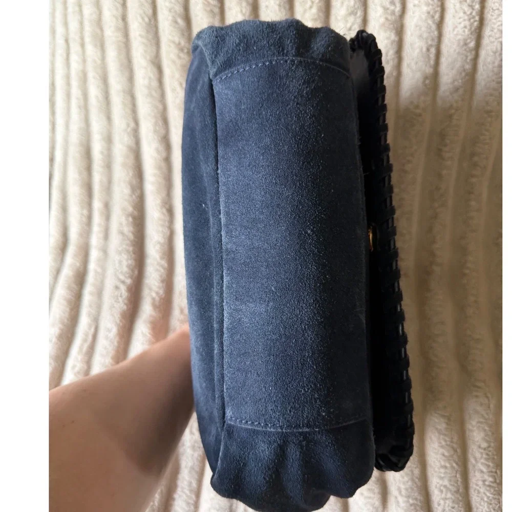 Tory Burch Marion Navy Blue Suede Whipstitch Chain Crossbody Bag